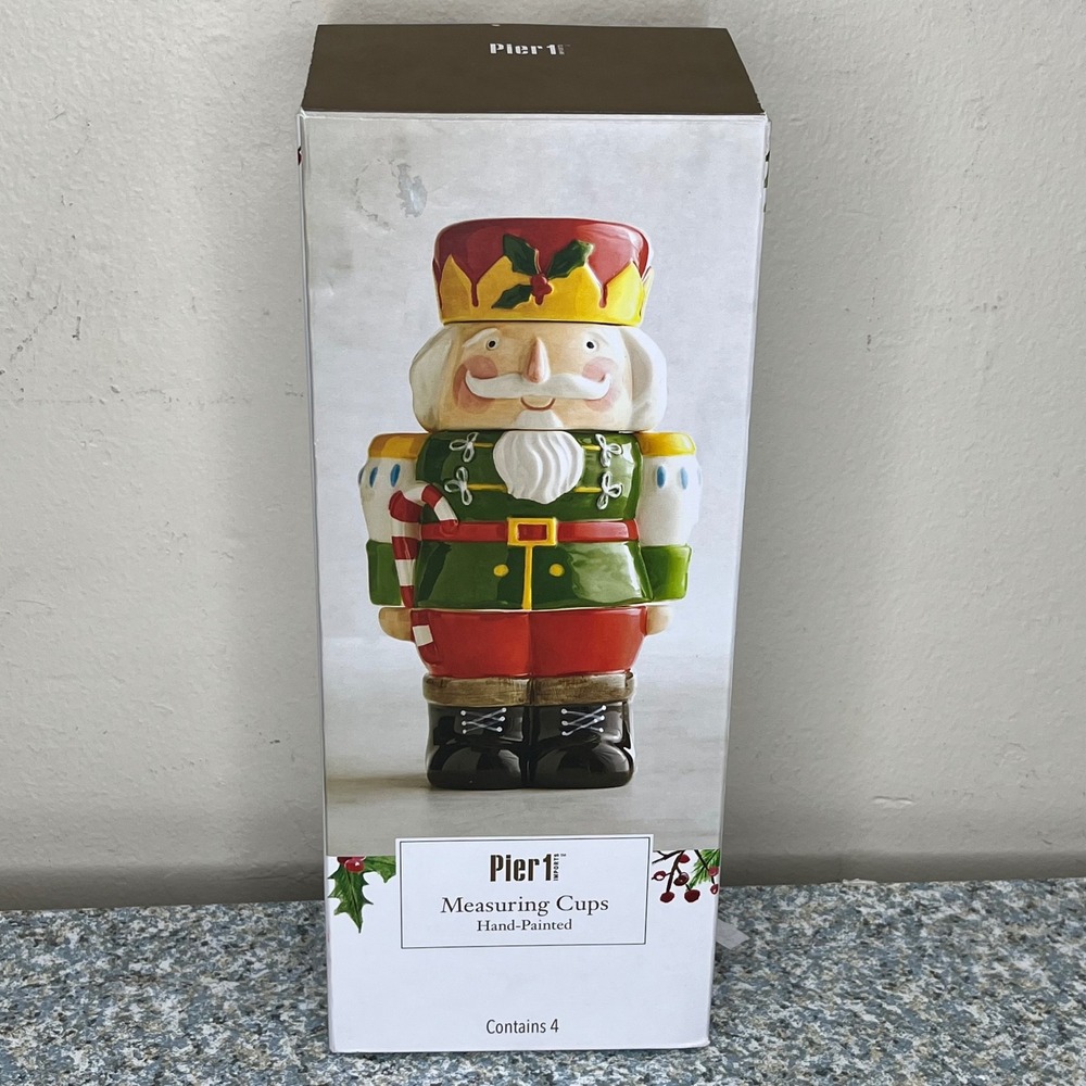 Pier 1 Measuring Cups Nutcracker Christmas 4 Piece Set Ceramic Hand-Painted New